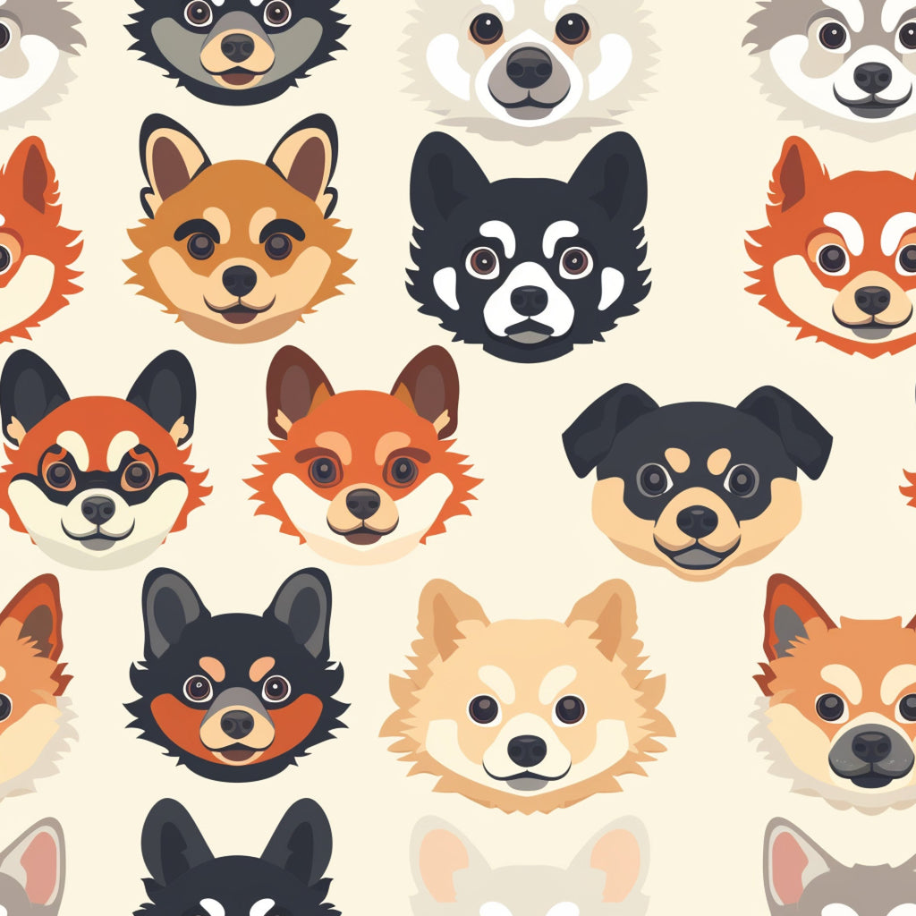 dog faces, puppy heads, cartoon style, beige background, orange, brown, black, tan colors, cute animals, pet pattern,, fabric panel, playful design, different breeds, kawaii style, geometric arrangement, children's fabric, craft material, sewing supplies