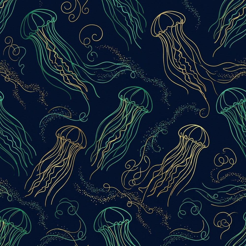 navy blue background, gold jellyfish, green jellyfish, metallic gold, emerald green, deep sea, ocean theme, nautical, bioluminescent, glowing effect, jellyfish pattern, marine life, underwater, celestial inspired, whimsical, elegant, modern, magical, sparkle details, glitter effect, flowing tentacles, sea creatures, aquatic, dreamy, sophisticated, dark navy, luminous, elegant design, ocean nursery, coastal theme