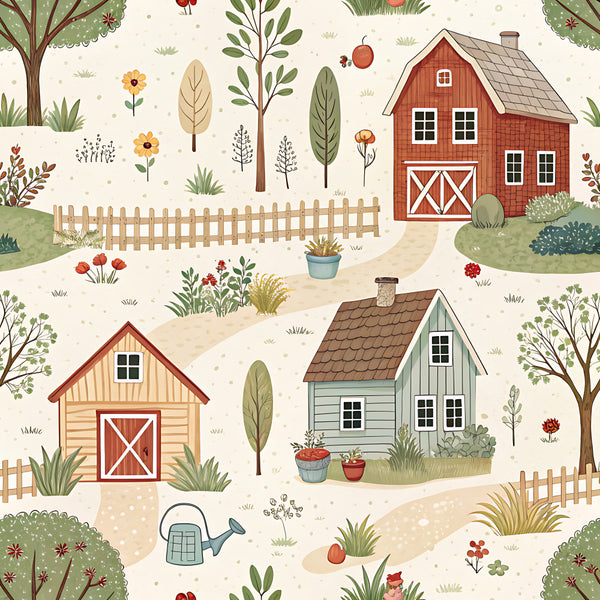 farmhouse, red barn, countryside, rural, garden, trees, flowers, fencing, cottage core, whimsical, children's illustration, storybook, pastoral, spring, summer, nature scene, illustrated, cream background, sage green, barn red, golden yellow, rustic, traditional, vintage farmhouse, sunflowers, potted plants, watering can, pastoral landscape, kids room, playroom