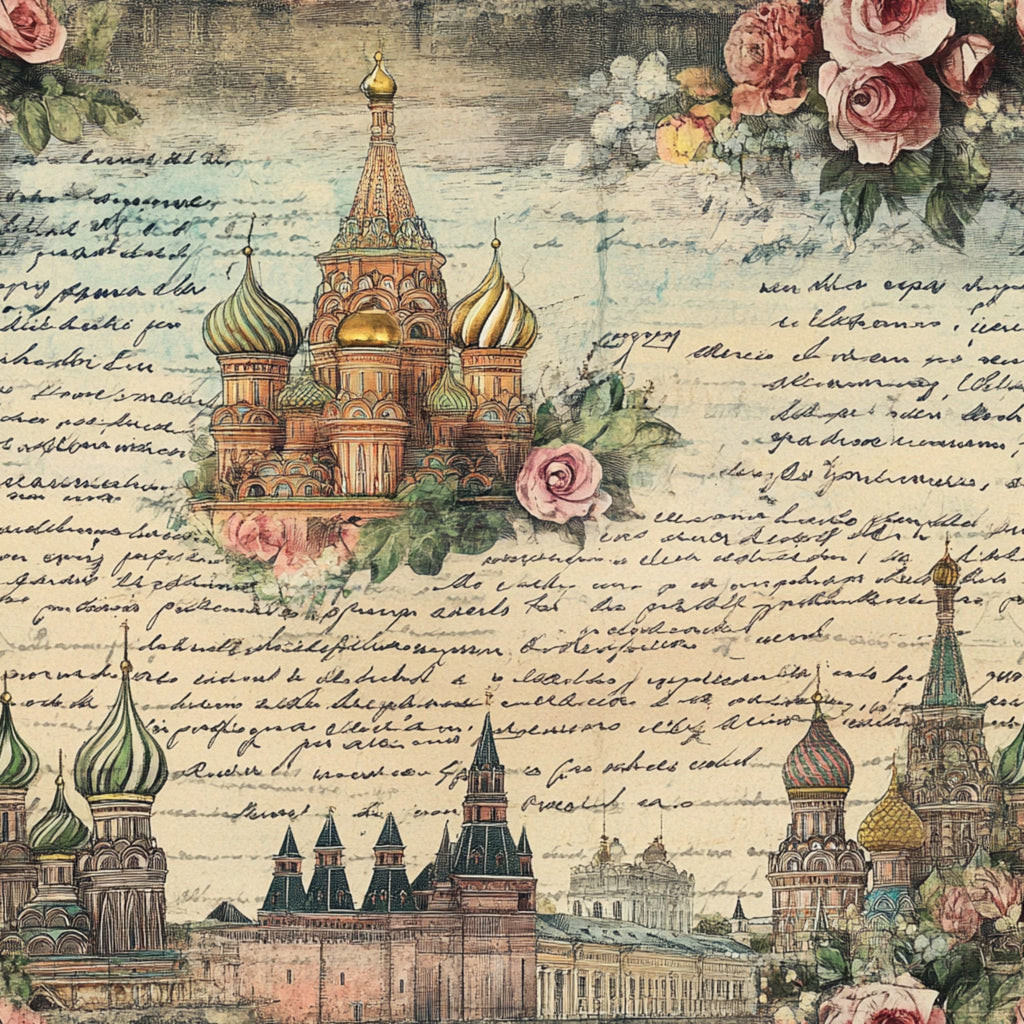vintage postcards, russian architecture, st. basil's cathedral, onion domes, pink roses, floral motifs, handwritten script, travel theme, muted pastels, sage green, dusty rose, cream background,, fabric panel, nostalgic artwork, european landmarks, botanical elements, aged paper effect, romantic florals, cultural monuments