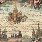 vintage postcards, russian architecture, st. basil's cathedral, onion domes, pink roses, floral motifs, handwritten script, travel theme, muted pastels, sage green, dusty rose, cream background,, fabric panel, nostalgic artwork, european landmarks, botanical elements, aged paper effect, romantic florals, cultural monuments