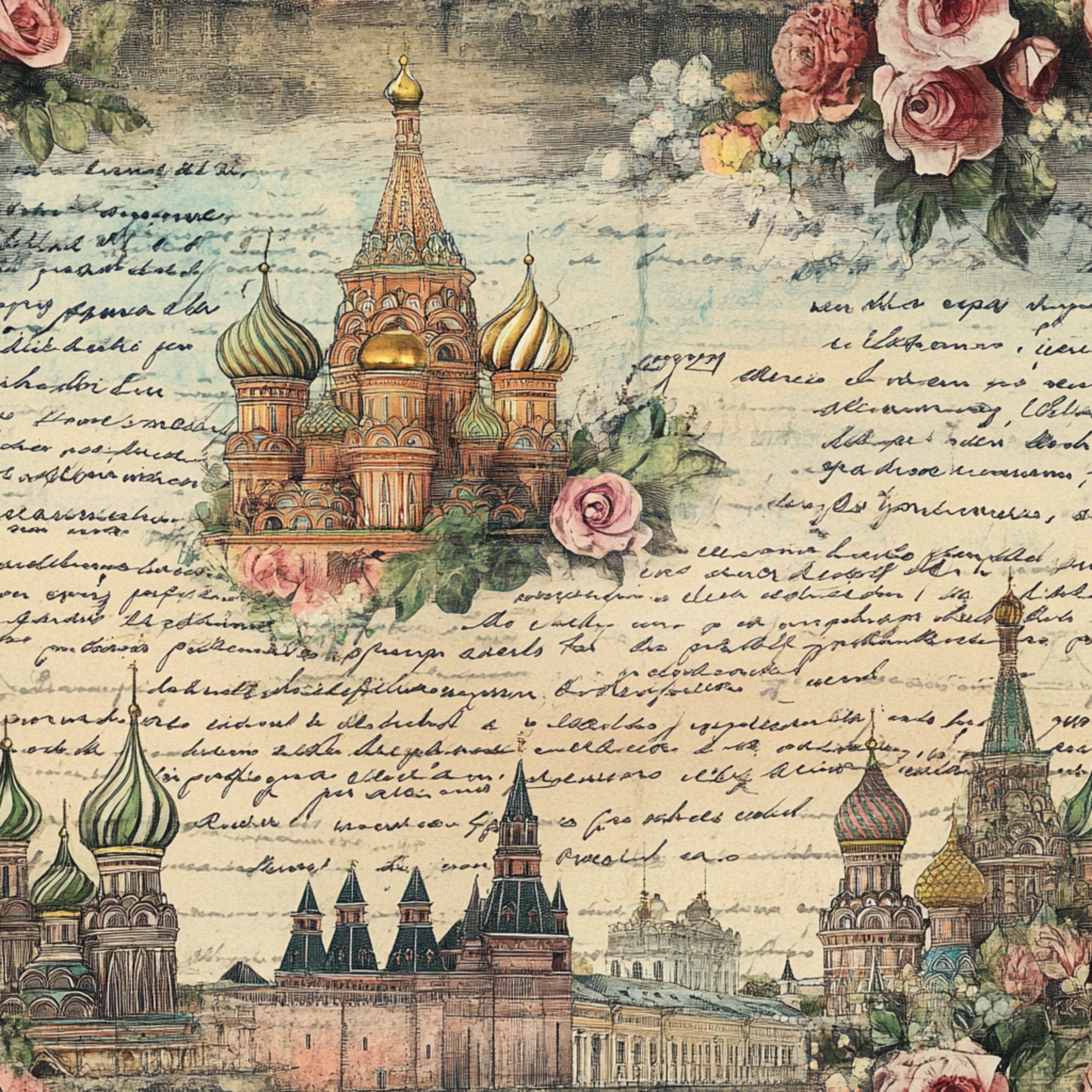 vintage postcards, russian architecture, st. basil's cathedral, onion domes, pink roses, floral motifs, handwritten script, travel theme, muted pastels, sage green, dusty rose, cream background,, fabric panel, nostalgic artwork, european landmarks, botanical elements, aged paper effect, romantic florals, cultural monuments
