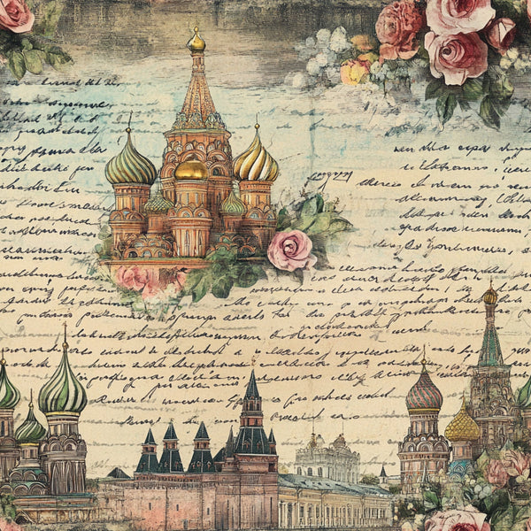 vintage postcards, russian architecture, st. basil's cathedral, onion domes, pink roses, floral motifs, handwritten script, travel theme, muted pastels, sage green, dusty rose, cream background,, fabric panel, nostalgic artwork, european landmarks, botanical elements, aged paper effect, romantic florals, cultural monuments