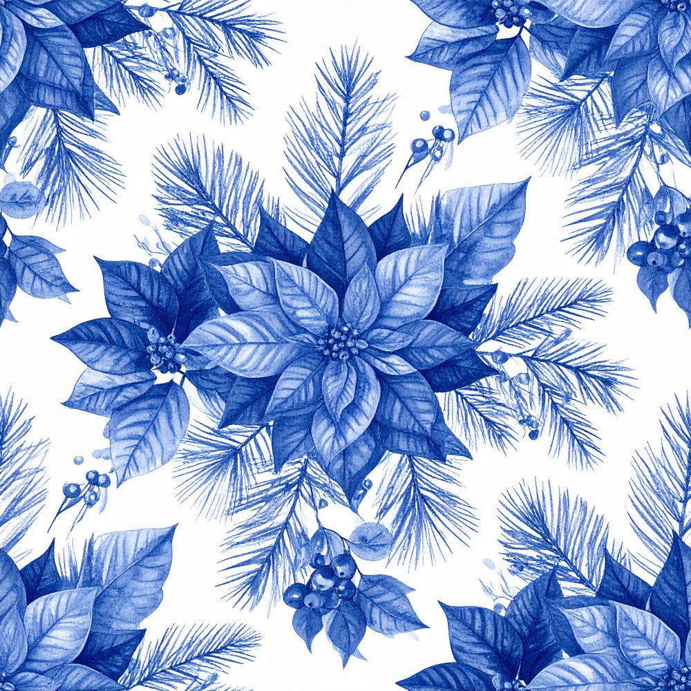 royal blue, navy blue, periwinkle, blue and white, poinsettia, floral, botanical, nature, holiday, christmas, winter, elegant, traditional, festive, pine needles, evergreen, berries, leaves, vintage, classic, seasonal, december, celebration, formal, sophisticated, timeless, decorative, botanical print, blue florals