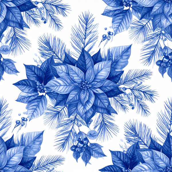 royal blue, navy blue, periwinkle, blue and white, poinsettia, floral, botanical, nature, holiday, christmas, winter, elegant, traditional, festive, pine needles, evergreen, berries, leaves, vintage, classic, seasonal, december, celebration, formal, sophisticated, timeless, decorative, botanical print, blue florals