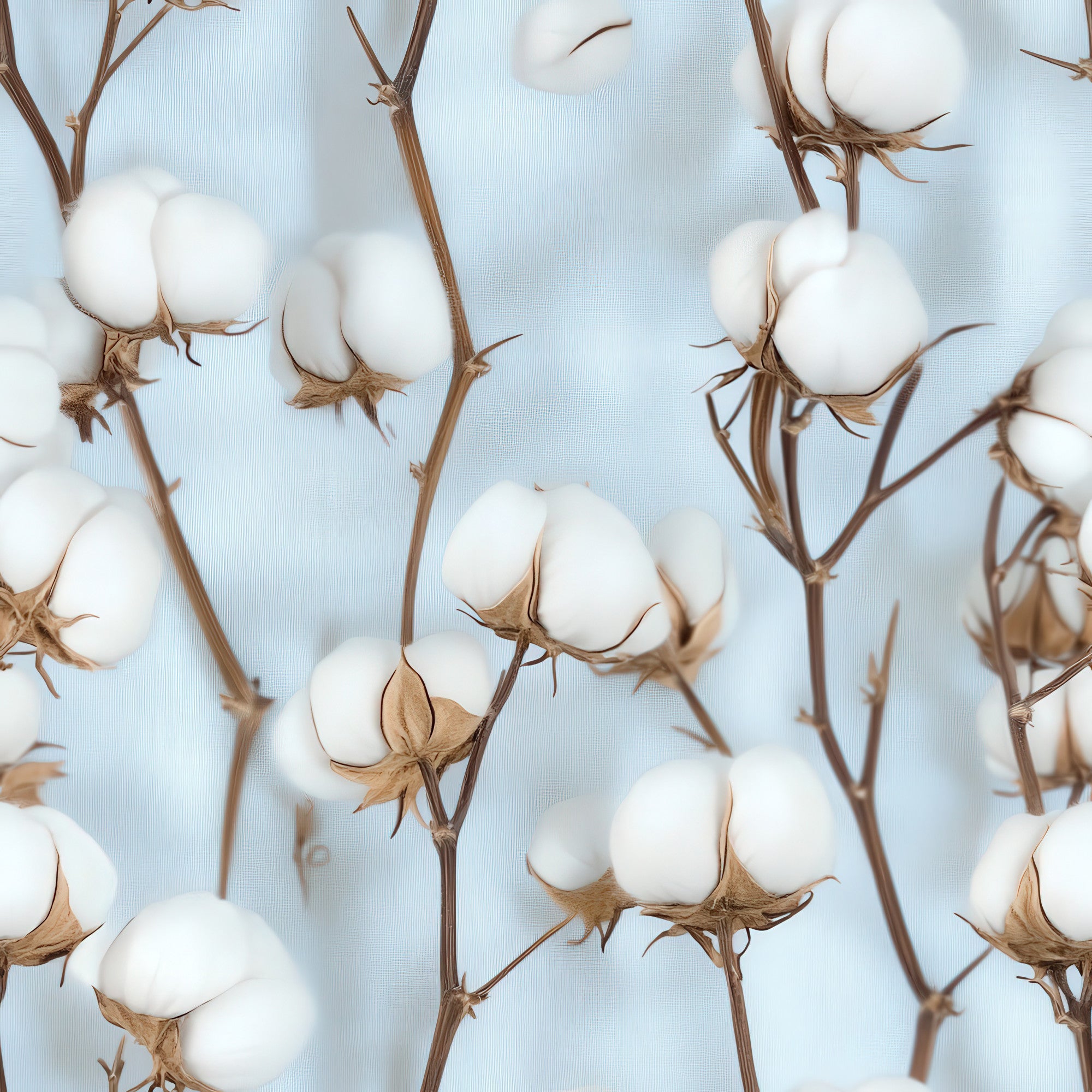 raw white, light blue, cotton bolls, botanical pattern, cotton plants, stems, branches, nature design, organic motif,, fabric panel, soft palette, natural fibers, agricultural theme, pastoral style, repeating pattern, cotton blossoms, plant illustration, cream tones, harvest motif