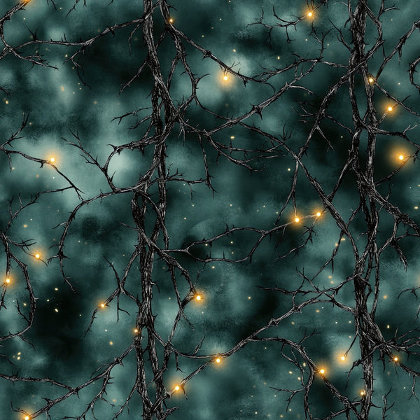 teal, dark teal, forest green, deep blue-green, warm gold, golden yellow, bare branches, twigs, tree branches, nature, woodland, nighttime, starry, celestial, magical, mystical, winter, moody, dark and dramatic, elegant, enchanted, ethereal, night sky, constellation, glowing lights, atmospheric, gothic, whimsical, dreamy