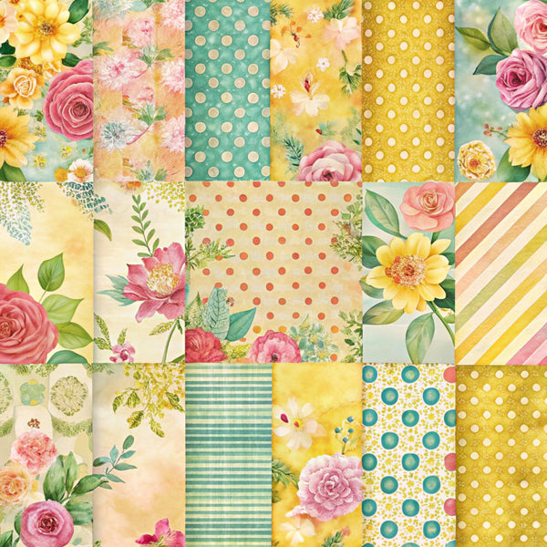 spring patchwork,, fabric panel, floral patterns, roses, daisies, polka dots, stripes, yellow, pink, teal, green, coral, vintage flowers, botanical designs, pastel colors, geometric patterns, cottage core, shabby chic, coordinated prints