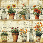 botanical illustration, potted flowers, terracotta pots, glass bottles, sunflowers, orange blooms, red flowers, yellow daisies, green foliage, vintage style, antique paper, cursive script, aged background, cream base, warm colors, garden theme, cottage core,, fabric panel, floral arrangement