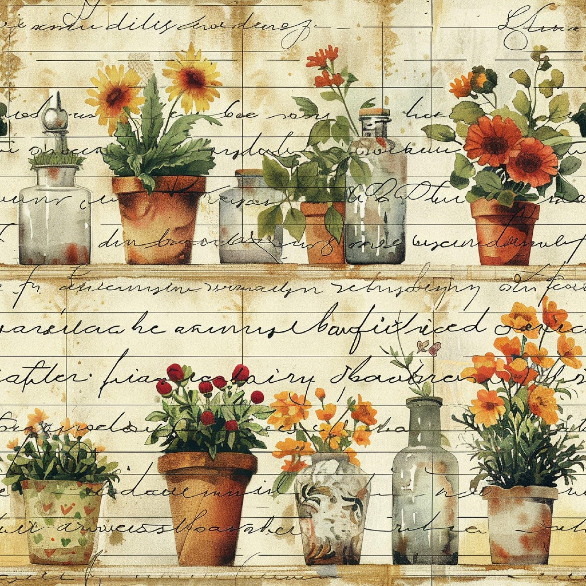 botanical illustration, potted flowers, terracotta pots, glass bottles, sunflowers, orange blooms, red flowers, yellow daisies, green foliage, vintage style, antique paper, cursive script, aged background, cream base, warm colors, garden theme, cottage core,, fabric panel, floral arrangement