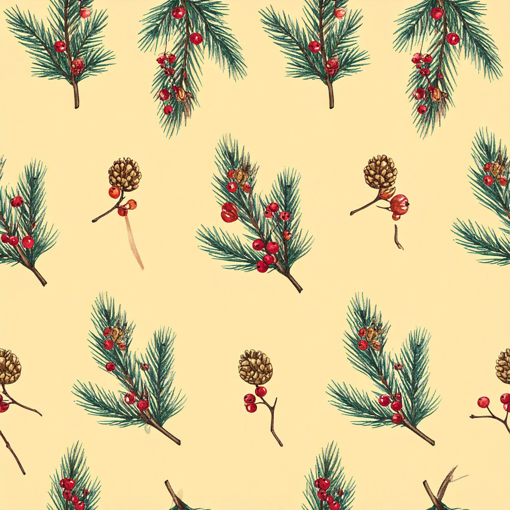 cream background, forest green, burgundy red, gold, botanical, nature, holiday, christmas, winter, pinecones, evergreen branches, berries, festive, traditional, vintage, botanical illustration, rustic, elegant, seasonal, christmas decor, nature inspired, woodland, natural elements, pine needles, red berries, ornamental, classic holiday, timeless