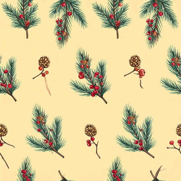 cream background, forest green, burgundy red, gold, botanical, nature, holiday, christmas, winter, pinecones, evergreen branches, berries, festive, traditional, vintage, botanical illustration, rustic, elegant, seasonal, christmas decor, nature inspired, woodland, natural elements, pine needles, red berries, ornamental, classic holiday, timeless