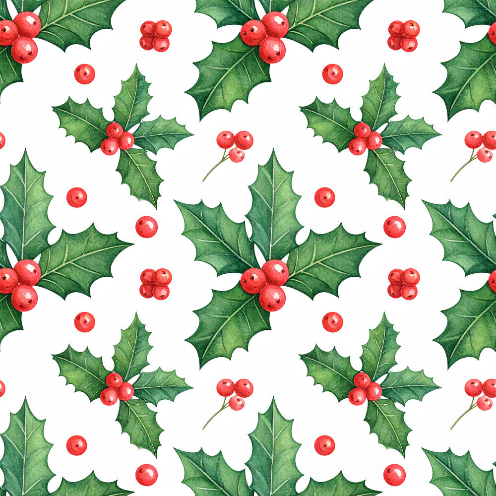 holly berries, christmas, holiday, red berries, green leaves, festive, winter, nature, botanical, traditional, elegant, classic, red and green, holly leaves, spiky leaves, berry clusters, seasonal, decorative, timeless, vintage holiday, festive design, natural elements, evergreen, yuletide, bright red, forest green, scalloped background, whimsical, cheerful