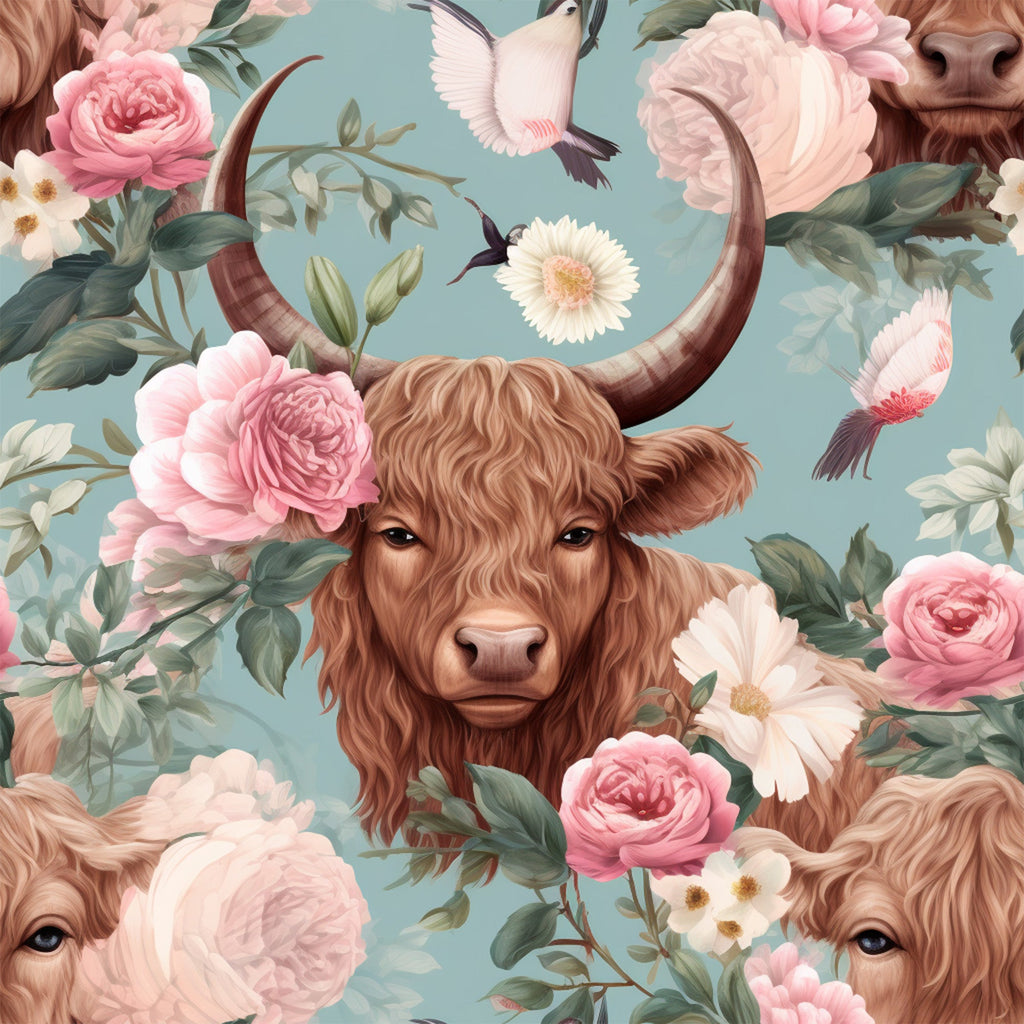 soft blue, dusty rose, cream, sage green, highland cattle, long horned cows, pink roses, white flowers, hummingbirds, floral pattern, vintage style, pastoral scene,, fabric panel, romantic florals, bovine portrait, cottage core, whimsical animals, botanical elements, repeating motif