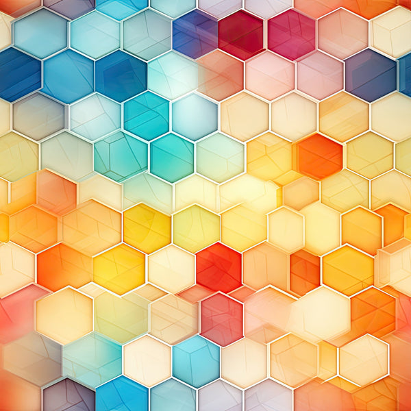 watercolor honeycomb, hexagon pattern, geometric design, blue tones, orange hues, yellow shades, teal colors, coral pink, purple accents, gradient effect, mosaic style, modern abstract,, fabric panel, bee inspired, nature motif, contemporary art, soft pastels, vibrant colors, tessellation pattern