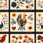 autumn colors, orange, rust red, navy blue, cream background, folk art birds, floral motifs, decorative hearts, quilting panel, cotton fabric, botanical elements, fall flowers, stylized birds, patchwork squares, warm earth tones, country style, seasonal motifs, thanksgiving theme, harvest colors