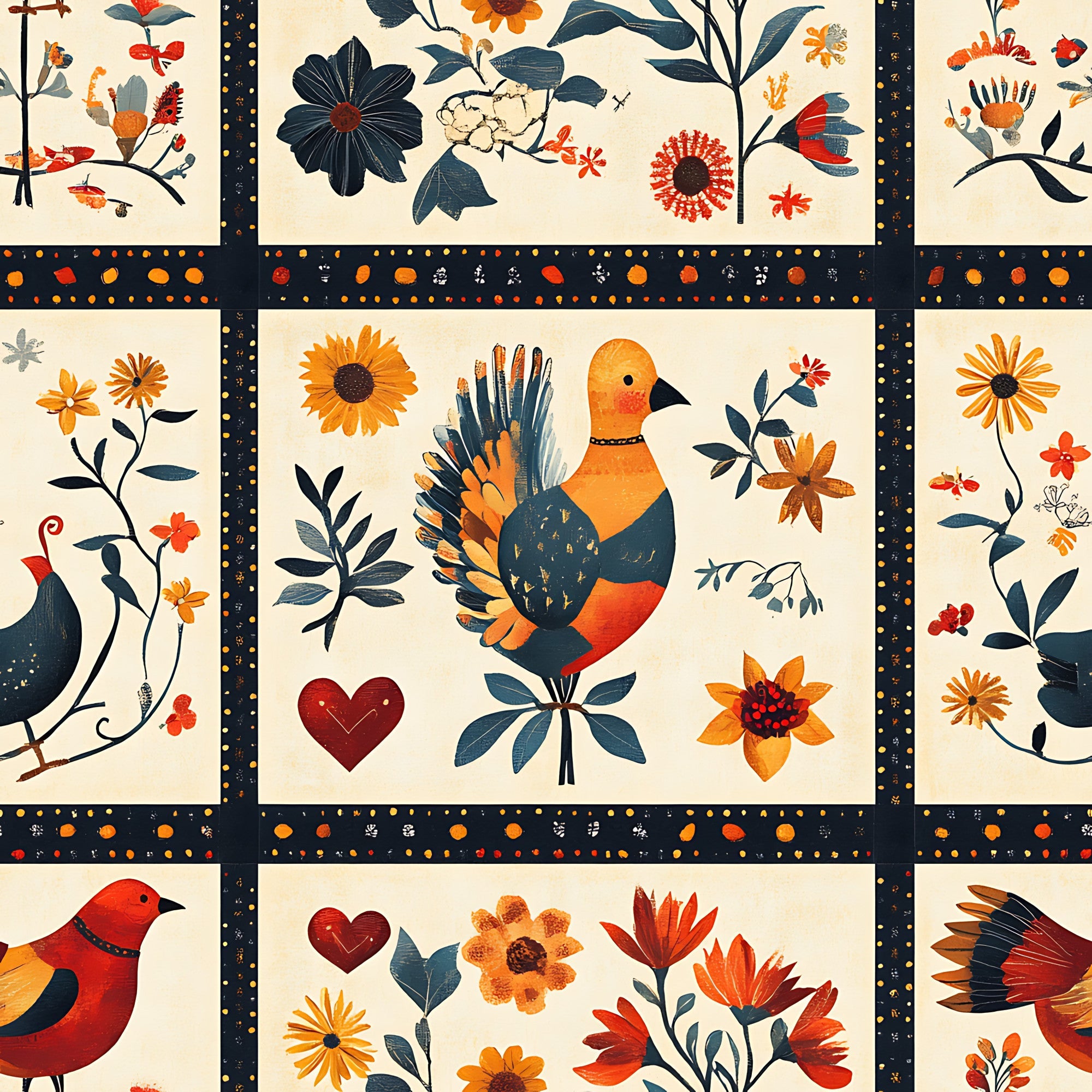 autumn colors, orange, rust red, navy blue, cream background, folk art birds, floral motifs, decorative hearts, quilting panel, cotton fabric, botanical elements, fall flowers, stylized birds, patchwork squares, warm earth tones, country style, seasonal motifs, thanksgiving theme, harvest colors