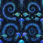 navy blue, cyan blue, turquoise, purple, stained glass, jellyfish, fish, ocean, nautical, underwater, sea creatures, marine life, geometric, mosaic, celestial, whimsical, modern, fantasy, bioluminescent, glowing, deep sea, aquatic, tropical, nature, intricate, detailed, blue and cyan, jewel tones, iridescent, kids room