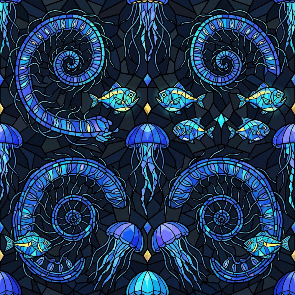 navy blue, cyan blue, turquoise, purple, stained glass, jellyfish, fish, ocean, nautical, underwater, sea creatures, marine life, geometric, mosaic, celestial, whimsical, modern, fantasy, bioluminescent, glowing, deep sea, aquatic, tropical, nature, intricate, detailed, blue and cyan, jewel tones, iridescent, kids room