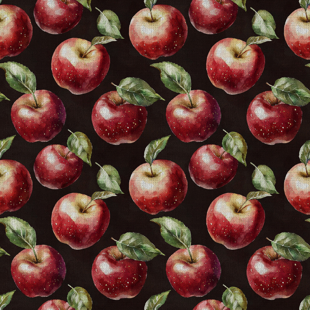 red apples, deep red, forest green, sage green, dark background, black background, fruit pattern, botanical, nature themed, orchard, apple motif, leaves, rustic, farmhouse, autumn, fall, harvest, traditional, vintage inspired, kitchen decor, home decor, cozy, natural elements, watercolor style, detailed illustration, classic pattern, countryside, farm fresh, seasonal