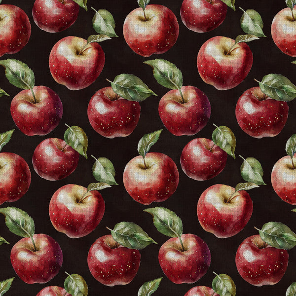 red apples, deep red, forest green, sage green, dark background, black background, fruit pattern, botanical, nature themed, orchard, apple motif, leaves, rustic, farmhouse, autumn, fall, harvest, traditional, vintage inspired, kitchen decor, home decor, cozy, natural elements, watercolor style, detailed illustration, classic pattern, countryside, farm fresh, seasonal