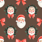christmas santa, holiday, festive, red bows, coral pink, cream white, forest green, red berries, traditional, whimsical, vintage, santa face, wreath, ribbon bows, christmas wreath, jolly, nostalgic, winter holiday, seasonal, decorative faces, children's, playroom, kids room, festive decor, cheerful, warm tones, classic christmas, retro style, december