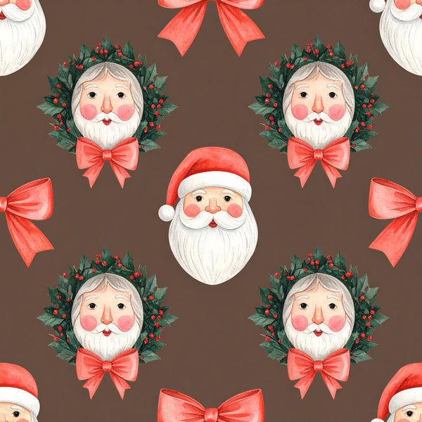 christmas santa, holiday, festive, red bows, coral pink, cream white, forest green, red berries, traditional, whimsical, vintage, santa face, wreath, ribbon bows, christmas wreath, jolly, nostalgic, winter holiday, seasonal, decorative faces, children's, playroom, kids room, festive decor, cheerful, warm tones, classic christmas, retro style, december