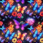 butterflies, vibrant blue, electric purple, bright orange, hot pink, yellow gradients, fantasy pattern, tropical flowers, neon colors, glowing effects, whimsical design, magical butterflies,, fabric panel, colorful wings, floral elements, enchanted garden, luminous design, fantasy creatures, bright florals