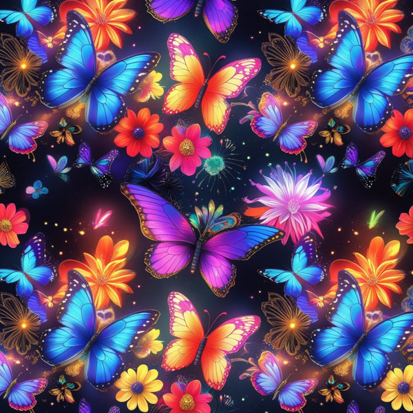 butterflies, vibrant blue, electric purple, bright orange, hot pink, yellow gradients, fantasy pattern, tropical flowers, neon colors, glowing effects, whimsical design, magical butterflies,, fabric panel, colorful wings, floral elements, enchanted garden, luminous design, fantasy creatures, bright florals