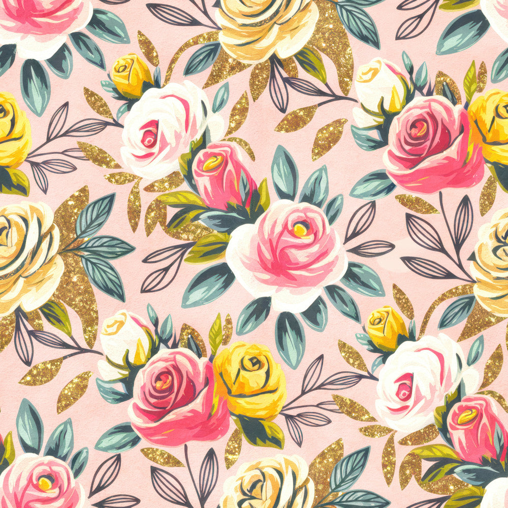 dusty rose, hot pink, cream white, soft yellow, gold glitter, teal green, navy blue, floral, roses, pattern, elegant, romantic, feminine, modern, botanical, nature, spring, summer, garden flowers, mixed blooms, metallic accents, sparkle, shiny leaves, decorative foliage, whimsical, pretty, girly, nursery, baby girl, children's room