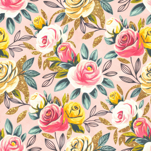 dusty rose, hot pink, cream white, soft yellow, gold glitter, teal green, navy blue, floral, roses, pattern, elegant, romantic, feminine, modern, botanical, nature, spring, summer, garden flowers, mixed blooms, metallic accents, sparkle, shiny leaves, decorative foliage, whimsical, pretty, girly, nursery, baby girl, children's room