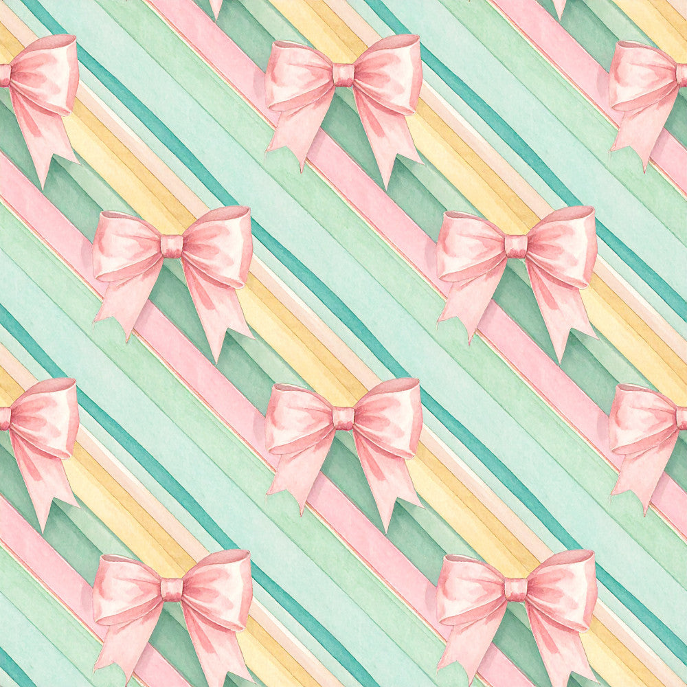 pale pink, mint green, soft teal, pale yellow, cream, diagonal stripes, striped pattern, bows, ribbon bows, gift bows, pastel colors, soft pastels, whimsical, feminine, elegant, spring, baby shower, nursery, playroom, kids room, baby girl, feminine style, bow motif, decorative bows, preppy, sweet, charming, cheerful