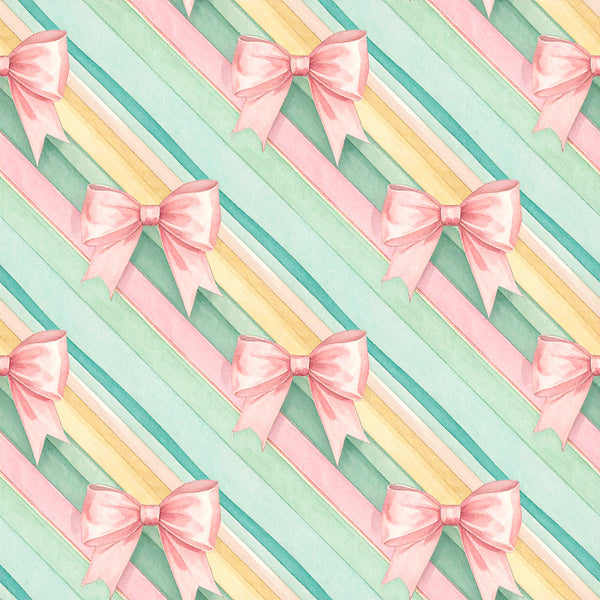 pale pink, mint green, soft teal, pale yellow, cream, diagonal stripes, striped pattern, bows, ribbon bows, gift bows, pastel colors, soft pastels, whimsical, feminine, elegant, spring, baby shower, nursery, playroom, kids room, baby girl, feminine style, bow motif, decorative bows, preppy, sweet, charming, cheerful