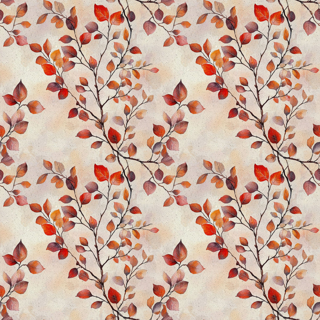 autumn leaves, fall foliage, red leaves, orange leaves, burgundy leaves, brown branches, seasonal pattern, nature design, botanical print, watercolor style,, fabric panel, warm tones, earth colors, leaf branches, organic motif, rustic charm, cozy atmosphere, repeating pattern, crafting material