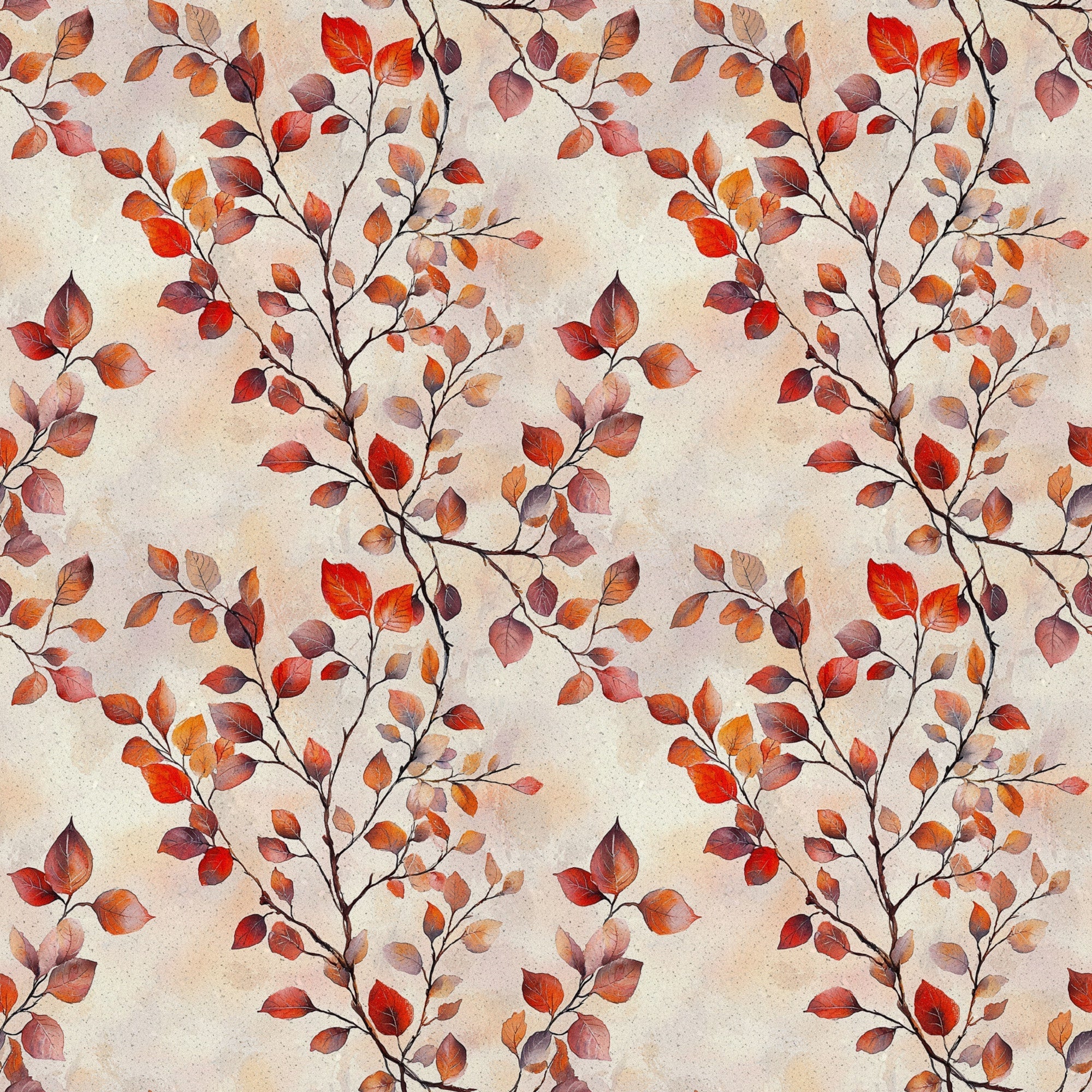 autumn leaves, fall foliage, red leaves, orange leaves, burgundy leaves, brown branches, seasonal pattern, nature design, botanical print, watercolor style,, fabric panel, warm tones, earth colors, leaf branches, organic motif, rustic charm, cozy atmosphere, repeating pattern, crafting material