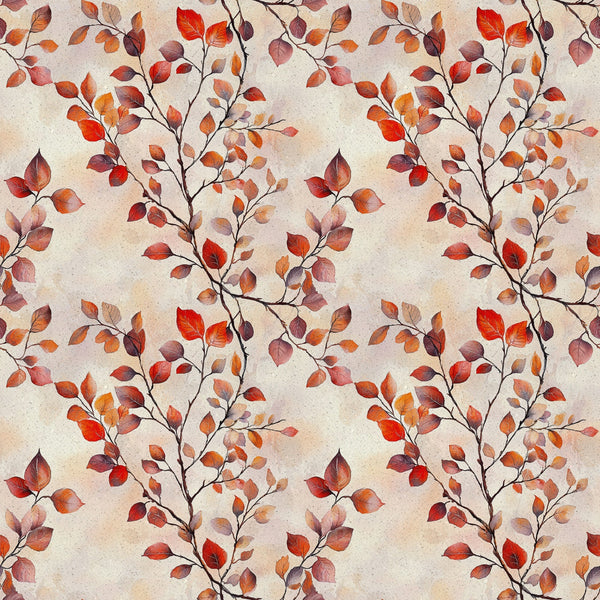 autumn leaves, fall foliage, red leaves, orange leaves, burgundy leaves, brown branches, seasonal pattern, nature design, botanical print, watercolor style,, fabric panel, warm tones, earth colors, leaf branches, organic motif, rustic charm, cozy atmosphere, repeating pattern, crafting material
