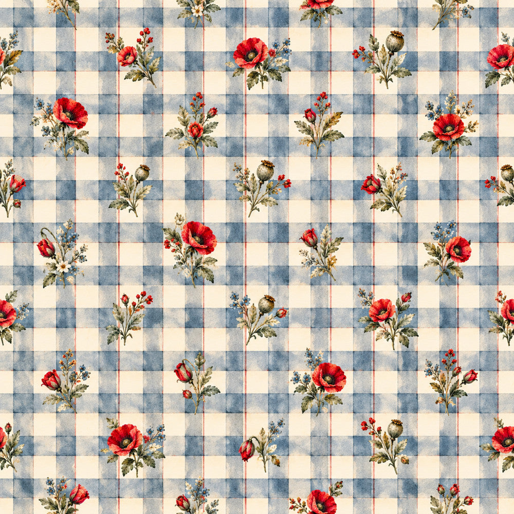 red poppies, blue gingham, cream white, dusty blue, checkered pattern, gingham check, floral print, vintage floral, cottage core, farmhouse style, country style, traditional, classic, botanical, wildflowers, red flowers, blue and white, gingham plaid, rustic, shabby chic, garden flowers, spring, summer, nursery, kid's room, playroom, quilt fabric, home decor