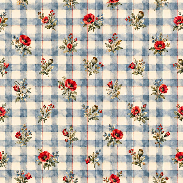 red poppies, blue gingham, cream white, dusty blue, checkered pattern, gingham check, floral print, vintage floral, cottage core, farmhouse style, country style, traditional, classic, botanical, wildflowers, red flowers, blue and white, gingham plaid, rustic, shabby chic, garden flowers, spring, summer, nursery, kid's room, playroom, quilt fabric, home decor