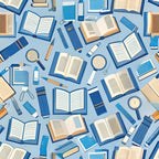light blue, navy blue, cream, tan, open books, school supplies, pencils, pens, notebooks, magnifying glass, educational theme, back to school, academic pattern, student supplies,, fabric panel, seamless repeat, scattered design, learning motif, study materials