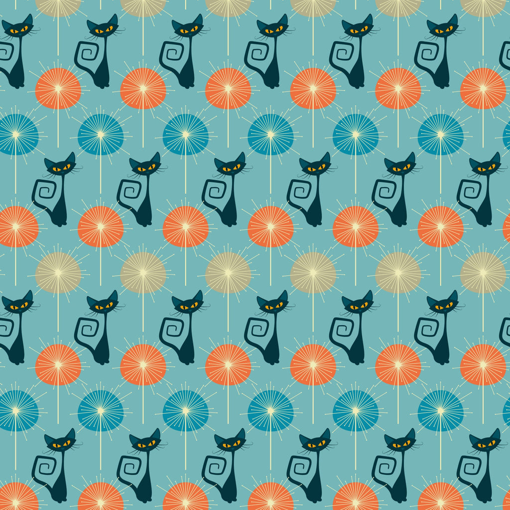 turquoise background, atomic cats, black cats, yellow eyes, orange circles, blue circles, beige circles, sunburst pattern, mid-century modern, retro style, geometric design, stylized felines, curly tails, repeating pattern,, fabric panel, atomic era, vintage inspired, starburst motifs, modern cats