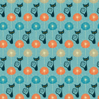 turquoise background, atomic cats, black cats, yellow eyes, orange circles, blue circles, beige circles, sunburst pattern, mid-century modern, retro style, geometric design, stylized felines, curly tails, repeating pattern,, fabric panel, atomic era, vintage inspired, starburst motifs, modern cats
