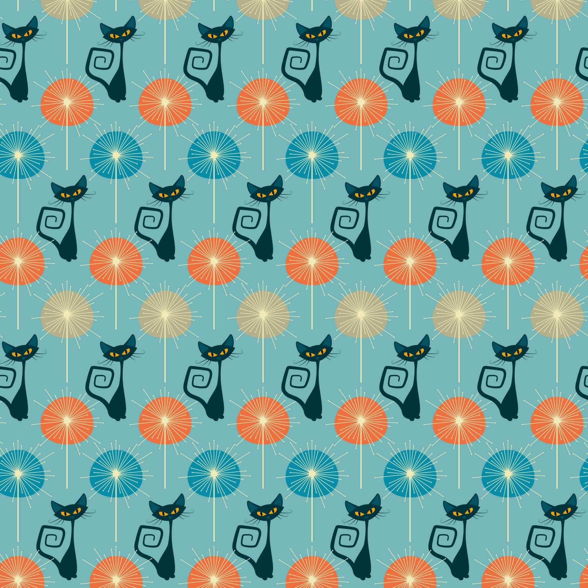 turquoise background, atomic cats, black cats, yellow eyes, orange circles, blue circles, beige circles, sunburst pattern, mid-century modern, retro style, geometric design, stylized felines, curly tails, repeating pattern,, fabric panel, atomic era, vintage inspired, starburst motifs, modern cats