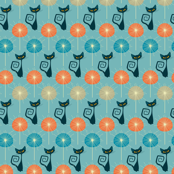 turquoise background, atomic cats, black cats, yellow eyes, orange circles, blue circles, beige circles, sunburst pattern, mid-century modern, retro style, geometric design, stylized felines, curly tails, repeating pattern,, fabric panel, atomic era, vintage inspired, starburst motifs, modern cats
