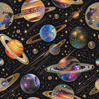 planets, solar system, space theme, cosmic design, saturn rings, celestial bodies, stars, galaxies, black background, gold accents, blue planets, purple nebula, orange saturn, multicolored cosmos, astronomical pattern,, fabric panel, space exploration, universe motif, stellar design