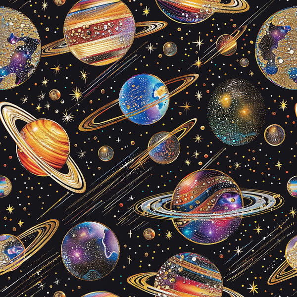 planets, solar system, space theme, cosmic design, saturn rings, celestial bodies, stars, galaxies, black background, gold accents, blue planets, purple nebula, orange saturn, multicolored cosmos, astronomical pattern,, fabric panel, space exploration, universe motif, stellar design