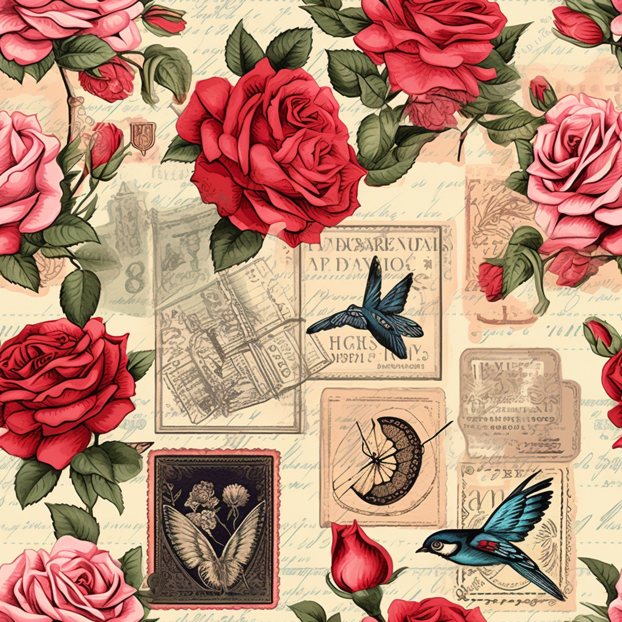 vintage stamps, roses, red roses, pink roses, cream background, hummingbirds, blue birds, butterfly, handwritten text, postal theme, floral pattern, romantic motifs, nostalgic design,, fabric panel, botanical elements, antique style, soft pastels, nature imagery, stamped illustrations