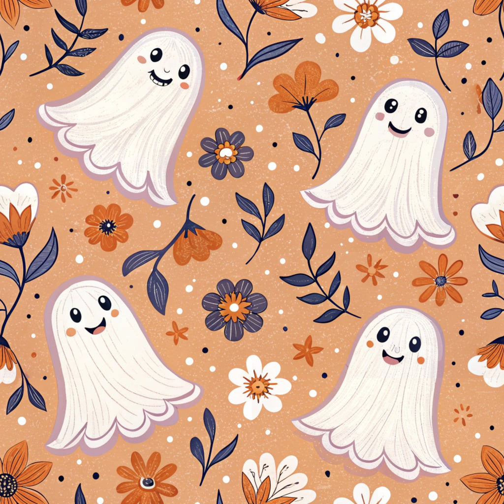 cute ghosts, orange background, white ghosts, floral pattern, autumn flowers, navy blue leaves, retro style, halloween theme,, fabric panel, cheerful ghosts, smiling faces, botanical elements, orange flowers, white blooms, whimsical design, seasonal motifs, cotton fabric, crafting material, spooky cute