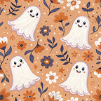 cute ghosts, orange background, white ghosts, floral pattern, autumn flowers, navy blue leaves, retro style, halloween theme,, fabric panel, cheerful ghosts, smiling faces, botanical elements, orange flowers, white blooms, whimsical design, seasonal motifs, cotton fabric, crafting material, spooky cute