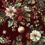 burgundy, maroon, deep red, cream, sage green, gold accents, christmas florals, poinsettias, pine branches, evergreen needles, ornament baubles, winter berries, holly leaves, botanical pattern, vintage illustration, moody floral,, fabric panel, holiday motifs, festive design