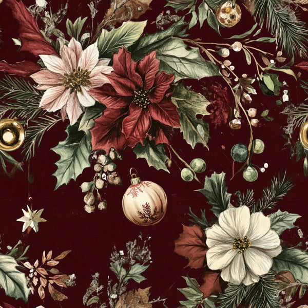 burgundy, maroon, deep red, cream, sage green, gold accents, christmas florals, poinsettias, pine branches, evergreen needles, ornament baubles, winter berries, holly leaves, botanical pattern, vintage illustration, moody floral,, fabric panel, holiday motifs, festive design